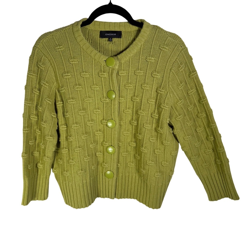 Jones Wear Women Chartreuse Green Textured Cable Knit Button Front Cardigan M